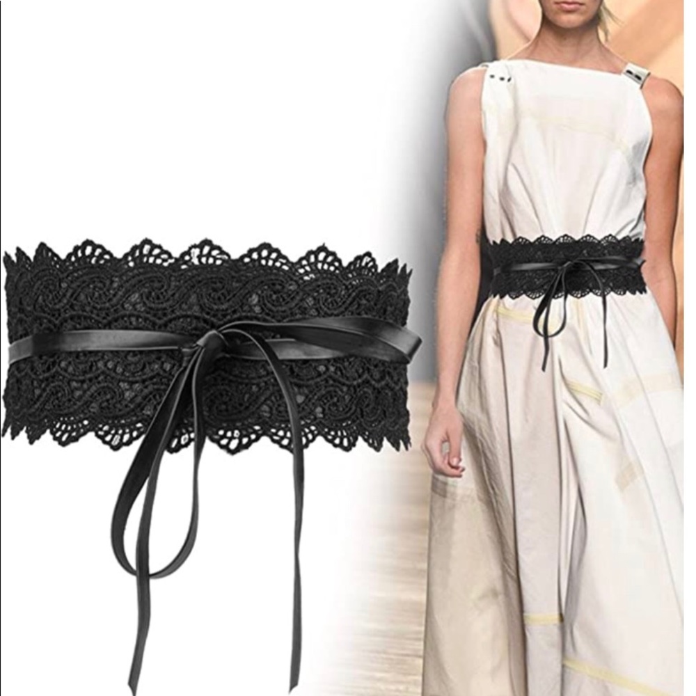 Cream Lace faux leather wide boho belt stretch - Picture 5 of 9